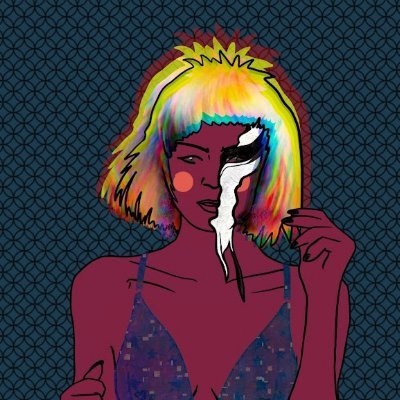 Illustration of a woman with a rainbow bob, a white streak running down her face